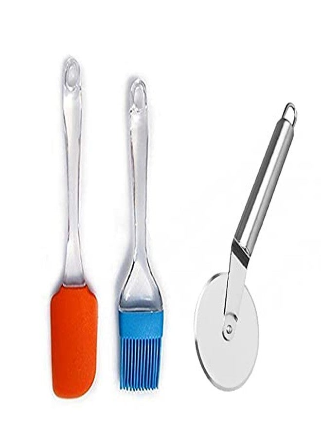 MOBDESK Stainless Steel Pizza Cutter,Sandwich/Burger/Slicer/Multipurpose Kitchen Cutter and Silicone Spatula and Pastry Brush Set (Multicolour) - Image 1